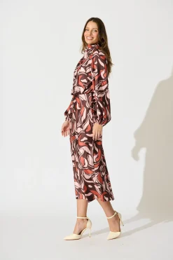 Clearance Sepia Bloom Midi Dress in Multi Brown Print Satin Dresses|Party