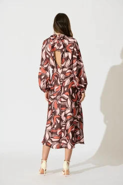 Clearance Sepia Bloom Midi Dress in Multi Brown Print Satin Dresses|Party