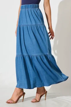 Fashion Seren Maxi Skirt in Mid Blue Denim Bottoms|Denim