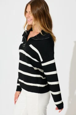 Outlet Serena Zip Knit in Black with White Stripe Wool Blend Knitwear|Knitwear
