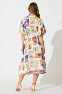 New Serenity Midi Shirt Dress in Cream with Multi Conversational Print Dresses|Casual