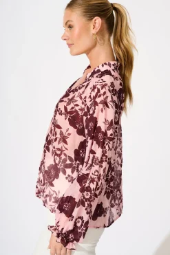 Fashion Shelby Top in Pink with Wine Floral Print Tops|Casual