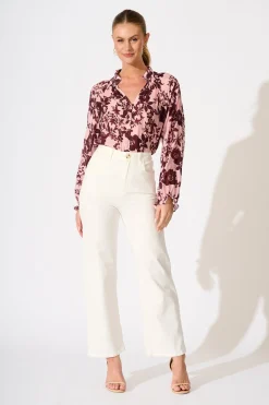 Fashion Shelby Top in Pink with Wine Floral Print Tops|Casual