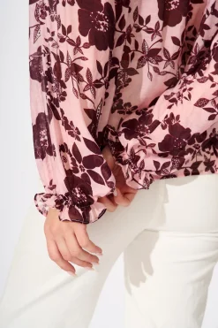 Fashion Shelby Top in Pink with Wine Floral Print Tops|Casual