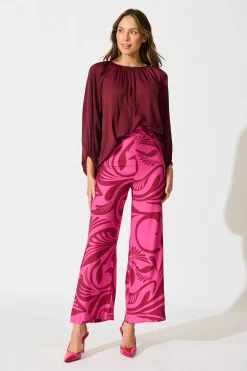 Clearance Sherene Pant in Pink with Wine Print Bottoms