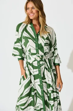 Hot Shiloh Midi Shirt Dress in Green with White Leaf Dresses|Casual