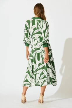 Hot Shiloh Midi Shirt Dress in Green with White Leaf Dresses|Casual