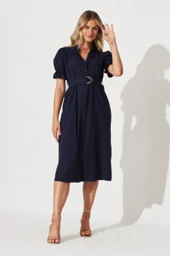 Clearance Sicilly Midi Shirt Dress In Navy Cotton Dresses|Casual