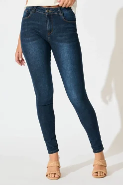 Hot Siren High Rise Skinny Jean in Mid Blue Denim Bottoms|Denim