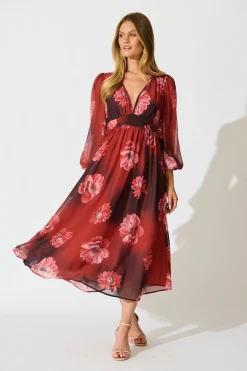 New So Devine Midi Dress in Wine and Black Floral Dresses|Party