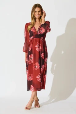 New So Devine Midi Dress in Wine and Black Floral Dresses|Party
