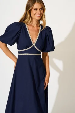 New Soft Serenade Midi Dress in Navy Linen Blend Dresses|Casual