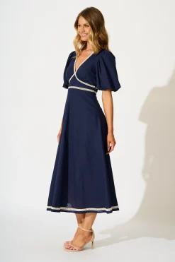 New Soft Serenade Midi Dress in Navy Linen Blend Dresses|Casual