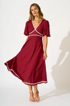 Fashion Soft Serenade Midi Dress in Wine Linen Blend Dresses|Casual