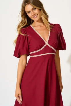 Fashion Soft Serenade Midi Dress in Wine Linen Blend Dresses|Casual