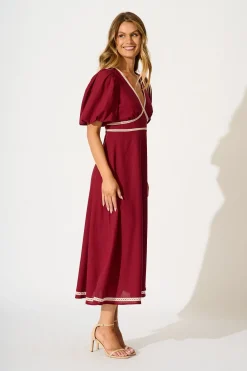 Fashion Soft Serenade Midi Dress in Wine Linen Blend Dresses|Casual