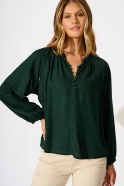 Fashion Soft Spoken Top in Emerald Linen Blend Tops|Casual