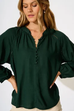 Fashion Soft Spoken Top in Emerald Linen Blend Tops|Casual