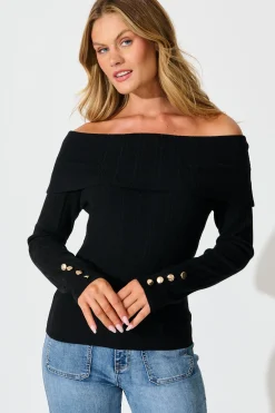 Best Solar Bardot Knit Top in Black Wool Blend Tops