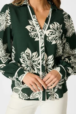 Clearance Spotlight Shirt in Emerald with White Floral Tops