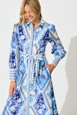Outlet Starfall Midi Shirt Dress in Blue Floral Print Linen Blend Dresses|Party