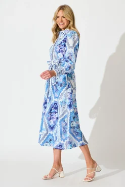 Outlet Starfall Midi Shirt Dress in Blue Floral Print Linen Blend Dresses|Party