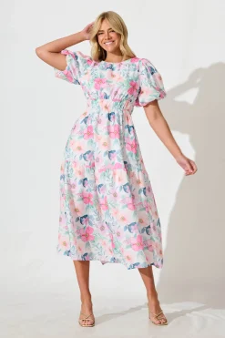 Clearance Stargazer Midi Dress in Multi Pink Floral Cotton Blend Dresses|Casual