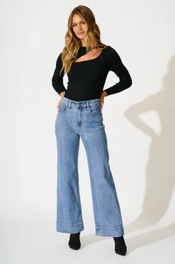 Best Studio Mid Rise Straight Leg Jean in Blue Denim Bottoms|Denim