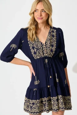 Sale Sweet Nothings Dress in Navy with Palm Embroidery Dresses|Casual