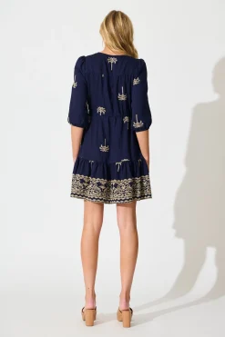 Sale Sweet Nothings Dress in Navy with Palm Embroidery Dresses|Casual