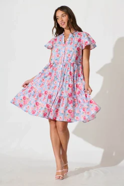 Clearance Sweet Pea Smock Dress in Pale Blue with Pink Floral Cotton Dresses|Casual