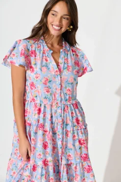 Clearance Sweet Pea Smock Dress in Pale Blue with Pink Floral Cotton Dresses|Casual
