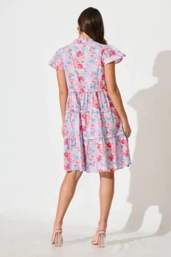 Clearance Sweet Pea Smock Dress in Pale Blue with Pink Floral Cotton Dresses|Casual