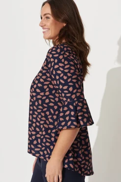 Outlet Tai Top in Navy with Rust Leaf Tops|Workwear