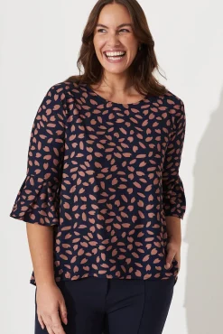 Outlet Tai Top in Navy with Rust Leaf Tops|Workwear