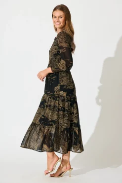 Outlet Taking The Lead Maxi Dress in Black with Brown Print Chiffon Dresses|Workwear
