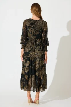 Outlet Taking The Lead Maxi Dress in Black with Brown Print Chiffon Dresses|Workwear