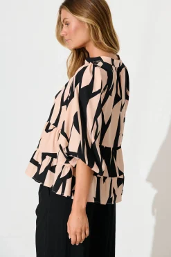 Discount Talena Top in Black and Beige Geometric Print Tops
