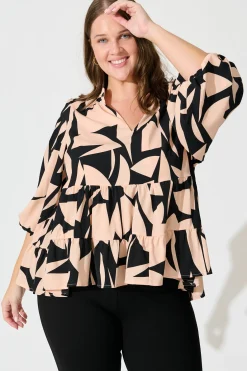 Discount Talena Top in Black and Beige Geometric Print Tops