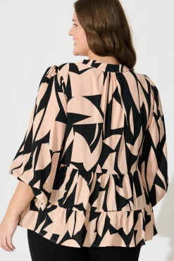 Discount Talena Top in Black and Beige Geometric Print Tops