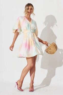 Sale Teagan Dress In White With Multi Watercolour Linen Blend Dresses|Casual