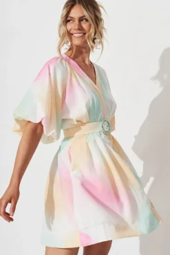 Sale Teagan Dress In White With Multi Watercolour Linen Blend Dresses|Casual