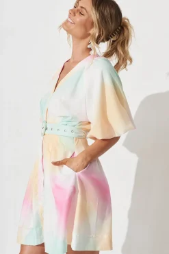 Sale Teagan Dress In White With Multi Watercolour Linen Blend Dresses|Casual