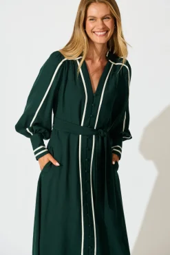 Fashion Terri Midi Dress in Emerald with White Contrast Trim Dresses|Party