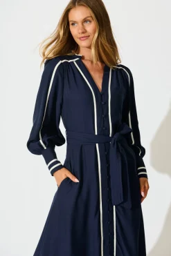 Online Terri Midi Dress in Navy with White Contrast Trim Dresses|Party