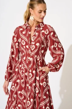 Fashion Terri Midi Shirt Dress in Wine with Cream Print Dresses|Casual