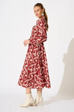 Fashion Terri Midi Shirt Dress in Wine with Cream Print Dresses|Casual