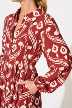 Fashion Terri Midi Shirt Dress in Wine with Cream Print Dresses|Casual