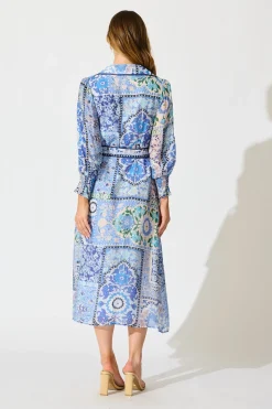 Sale Tessa Maxi Shirt Dress in Multi Blue Cotton Blend Dresses|Party
