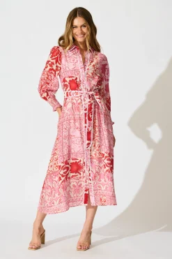 Discount Tessa Maxi Shirt Dress in Pink with Red Cotton Blend Dresses|Party